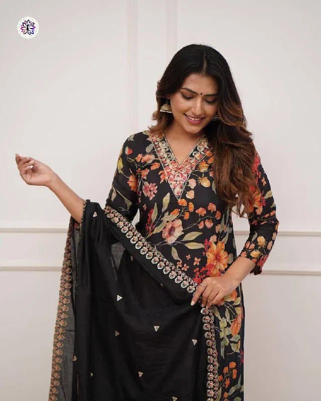 Pure Russian Silk Embroidery Kurti Bottom With Dupatta