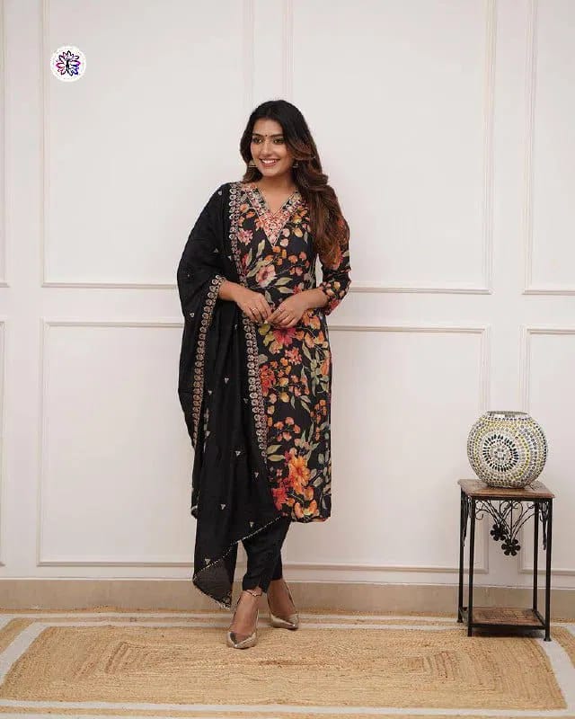 Pure Russian Silk Embroidery Kurti Bottom With Dupatta