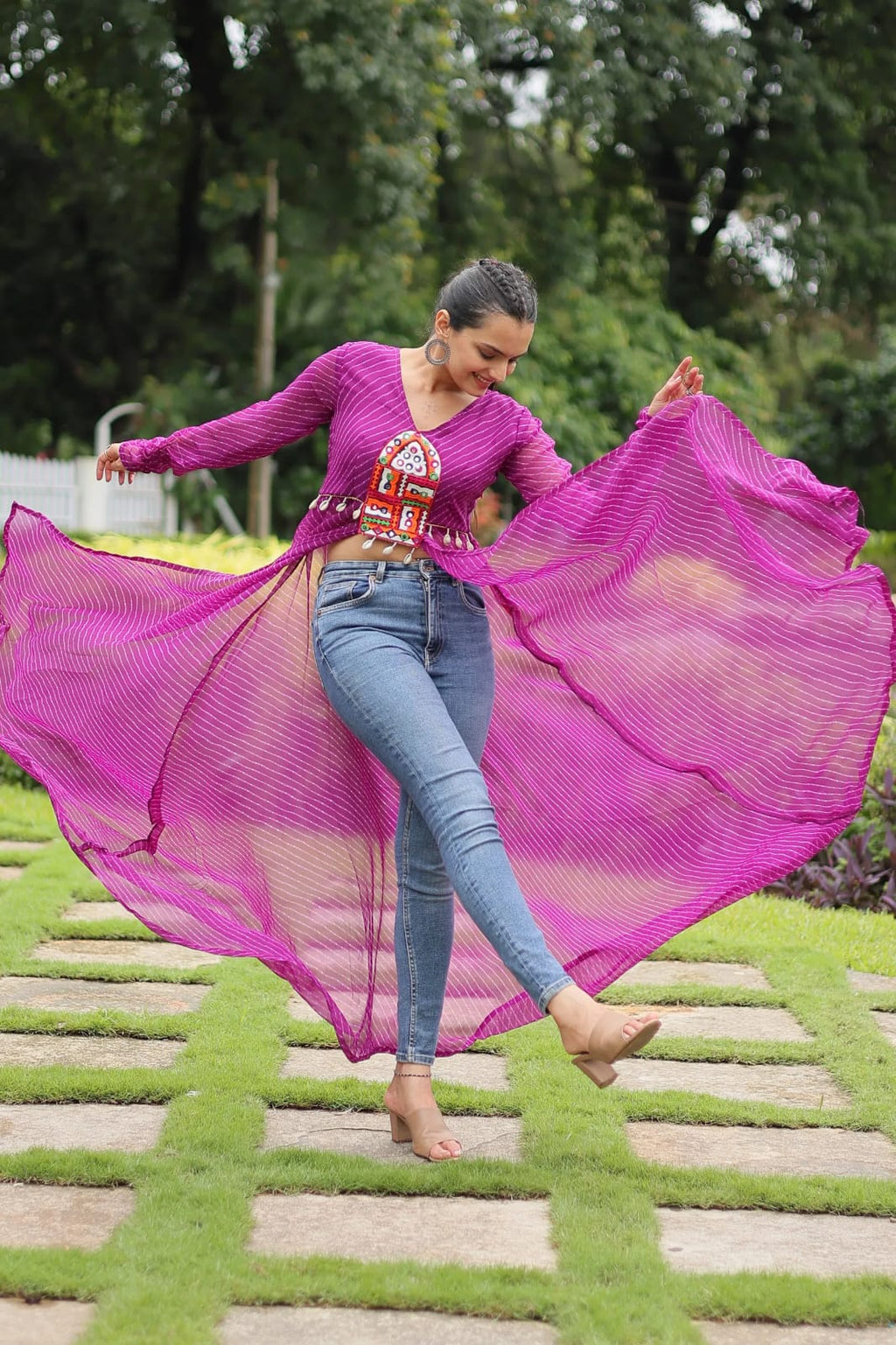 Faux Georgette Leheriya Print Kutchi Patchwork Front Open Kurti