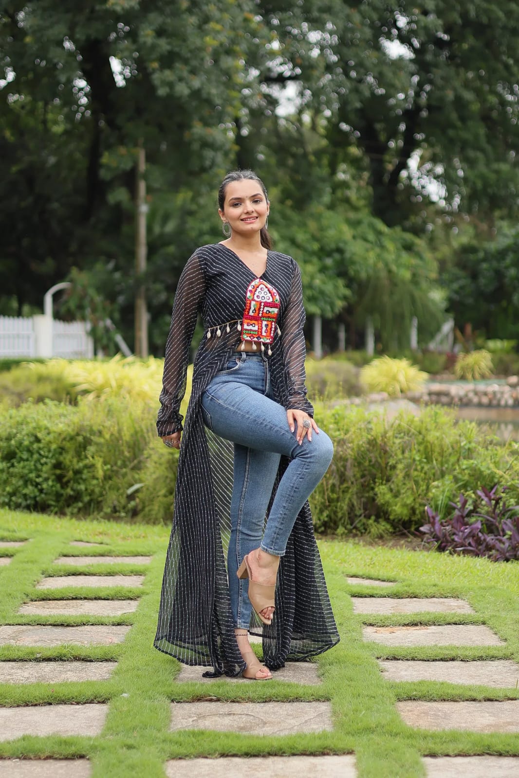 Faux Georgette Leheriya Print Kutchi Patchwork Front Open Kurti