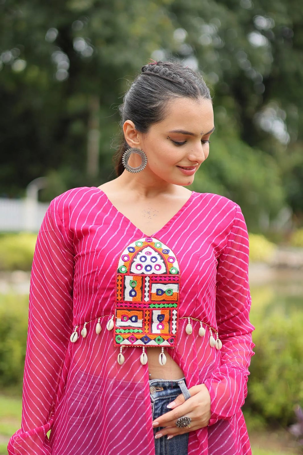 Faux Georgette Leheriya Print Kutchi Patchwork Front Open Kurti