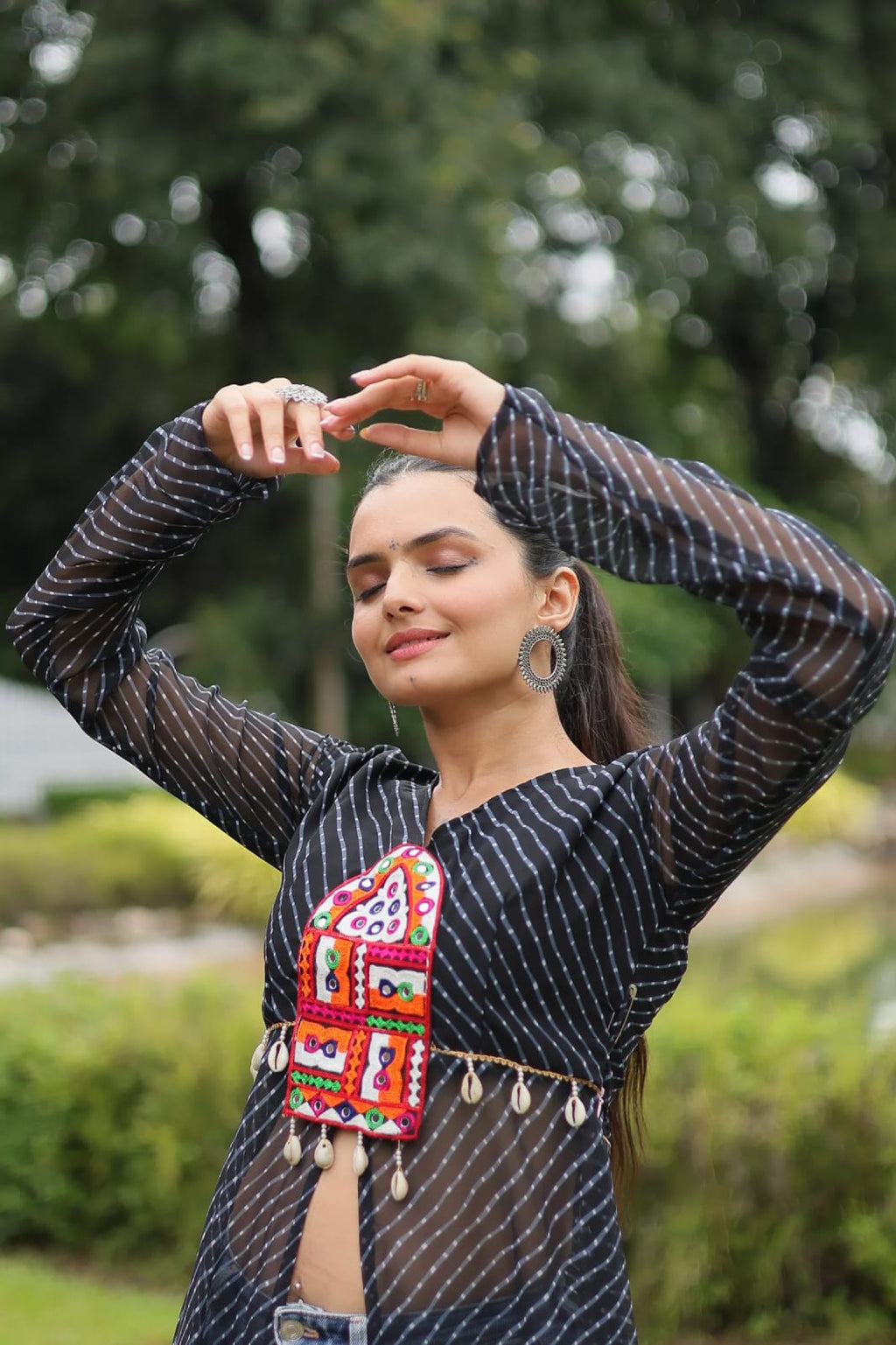 Faux Georgette Leheriya Print Kutchi Patchwork Front Open Kurti