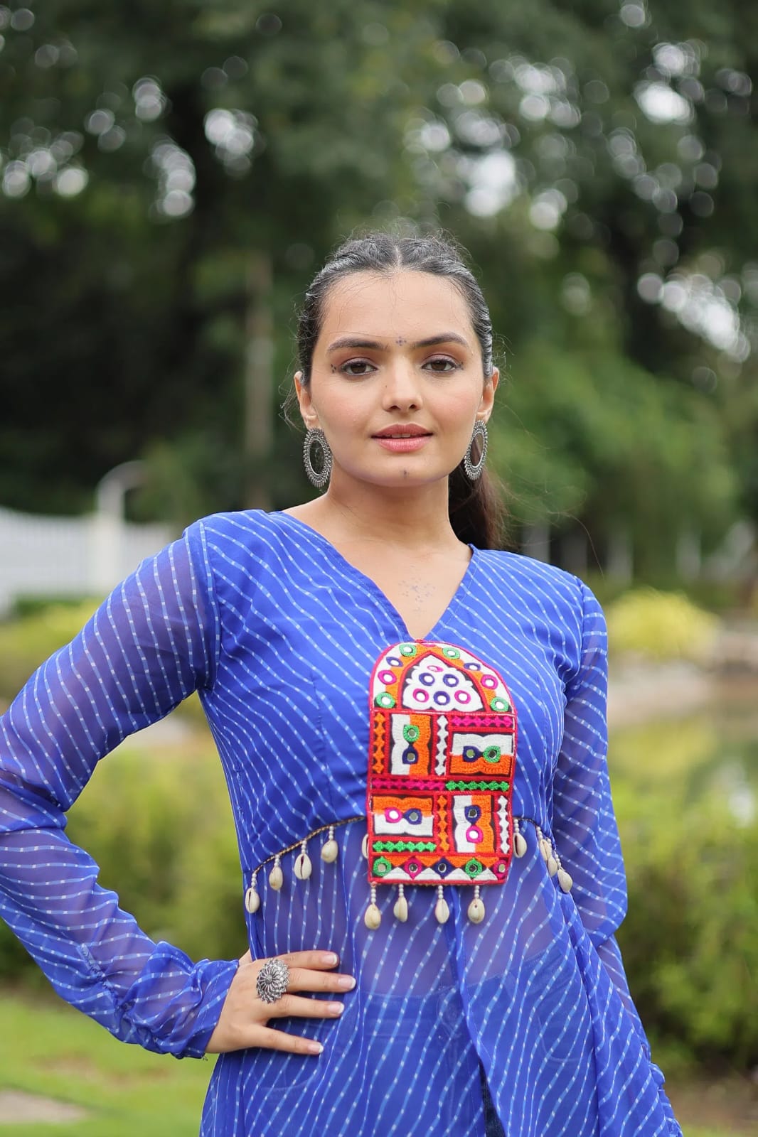 Faux Georgette Leheriya Print Kutchi Patchwork Front Open Kurti