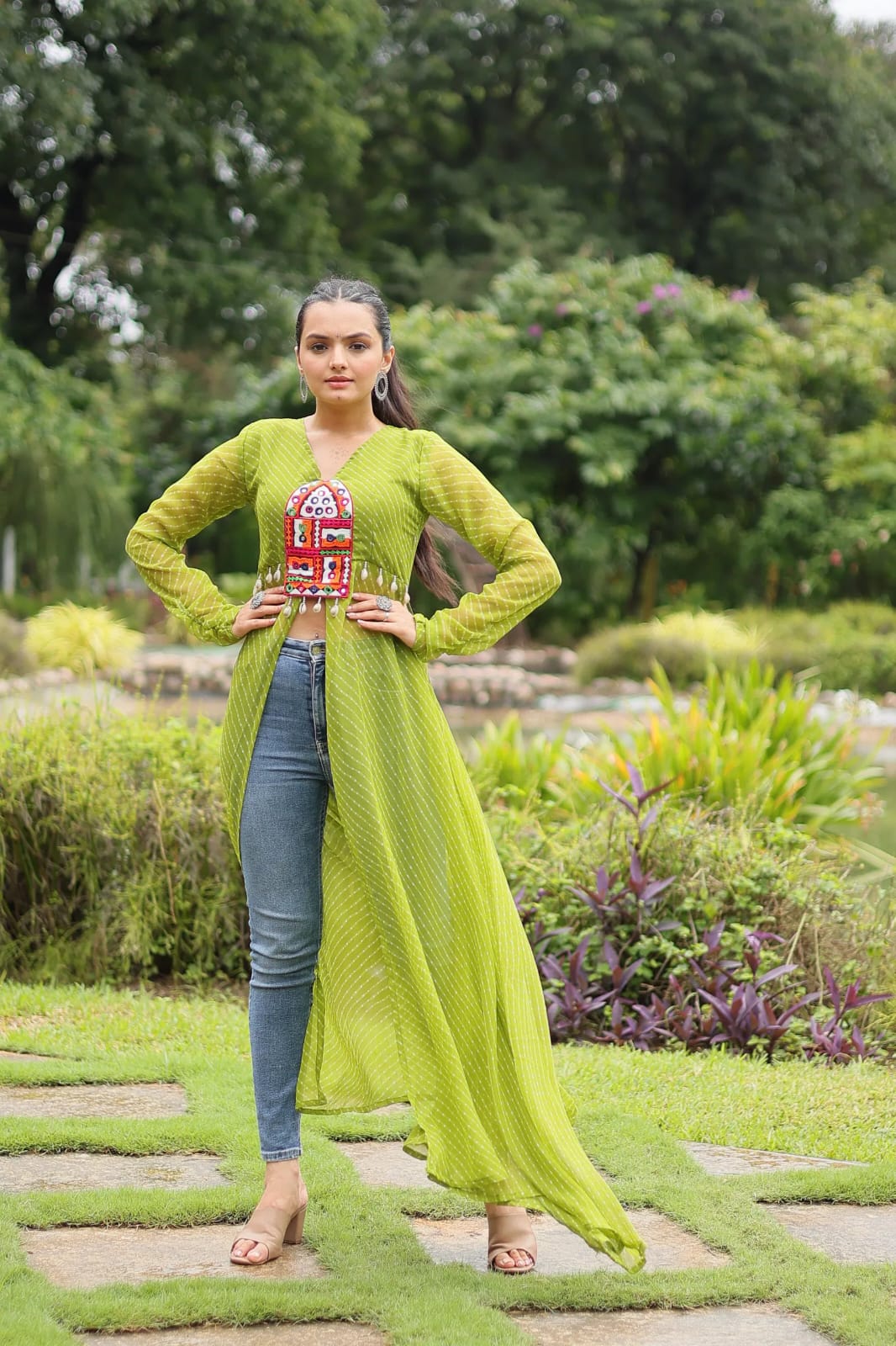 Faux Georgette Leheriya Print Kutchi Patchwork Front Open Kurti