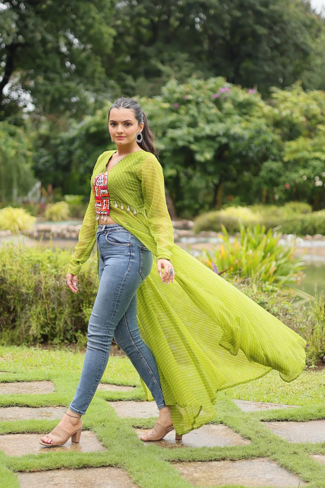 Faux Georgette Leheriya Print Kutchi Patchwork Front Open Kurti