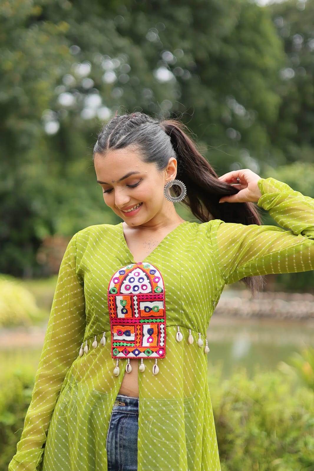 Faux Georgette Leheriya Print Kutchi Patchwork Front Open Kurti