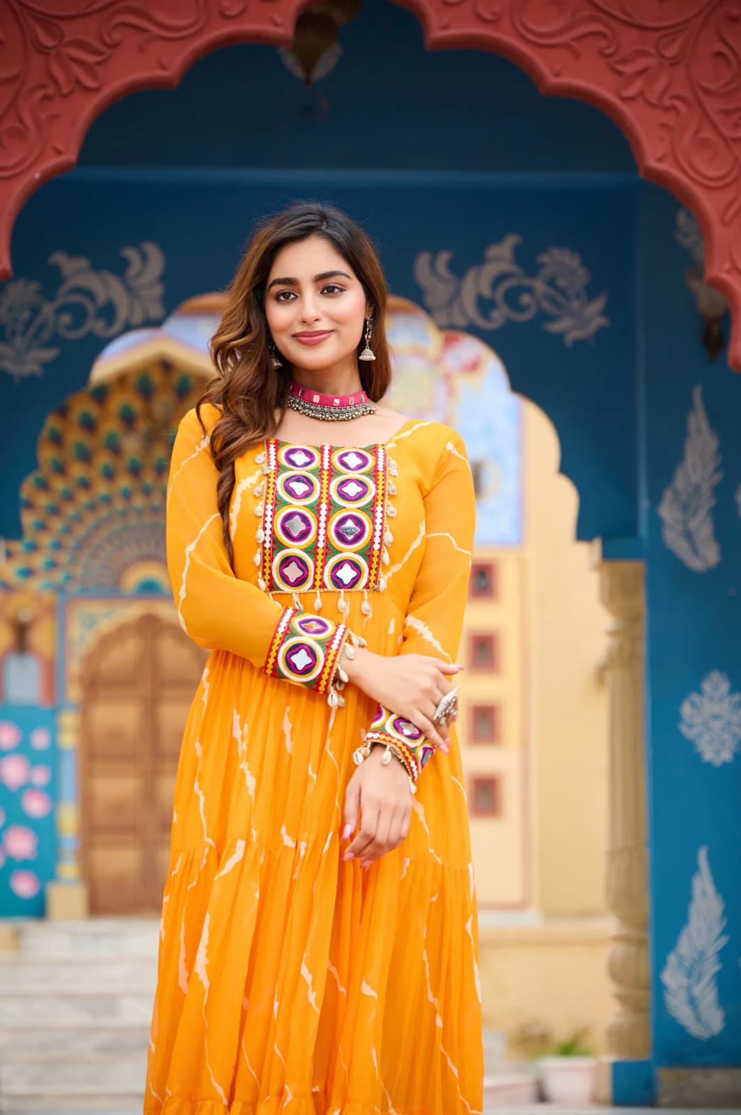 Faux Georgette Leheriya Print Kutchi Patchwork Gown