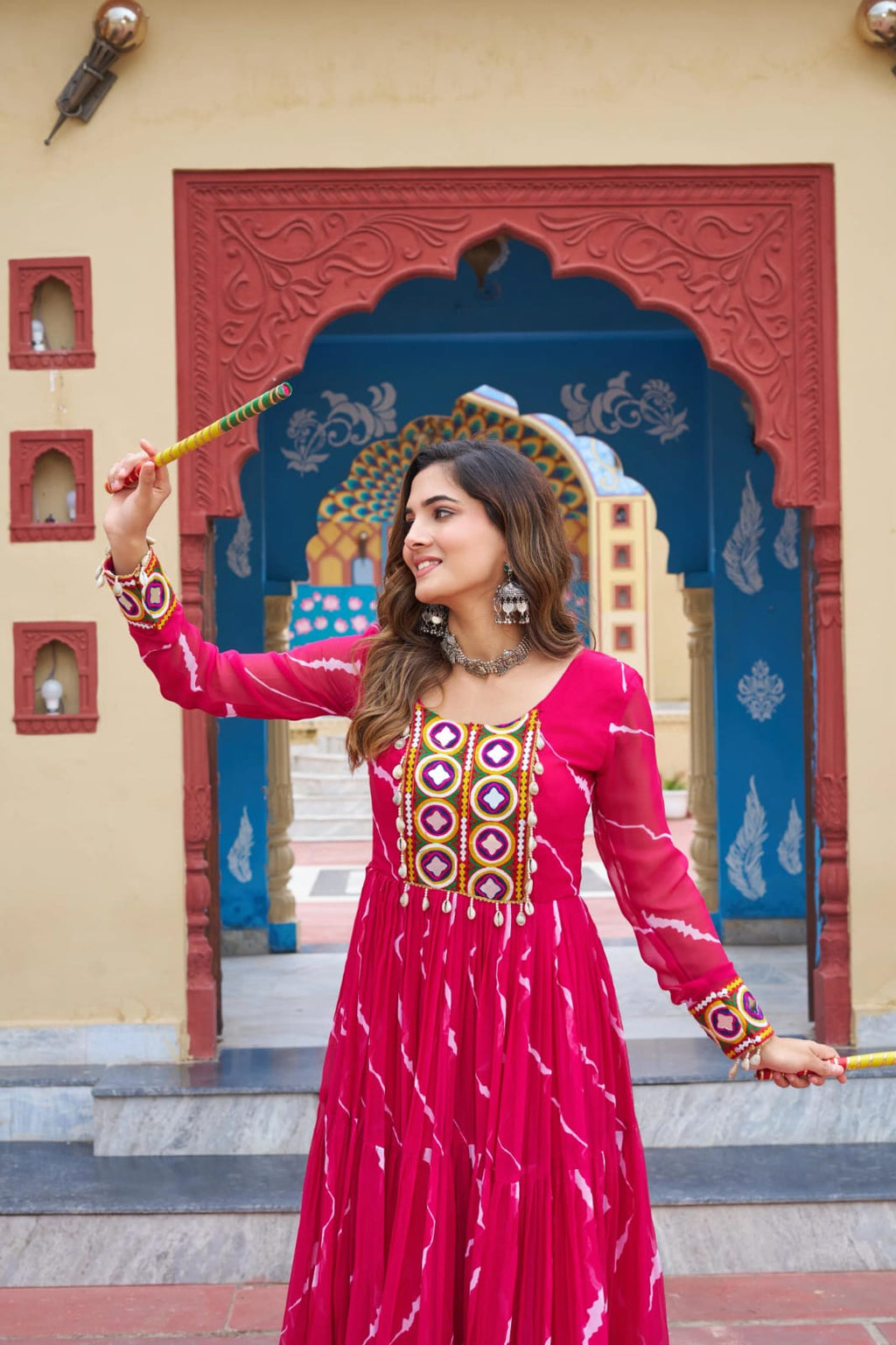 Faux Georgette Leheriya Print Kutchi Patchwork Gown