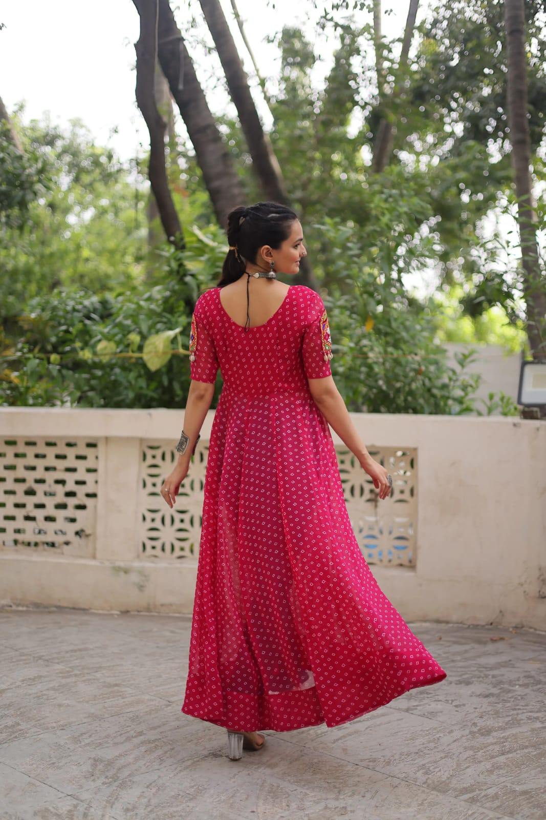 Faux Georgette Bandhani Printed With Patch Work Long Kurti