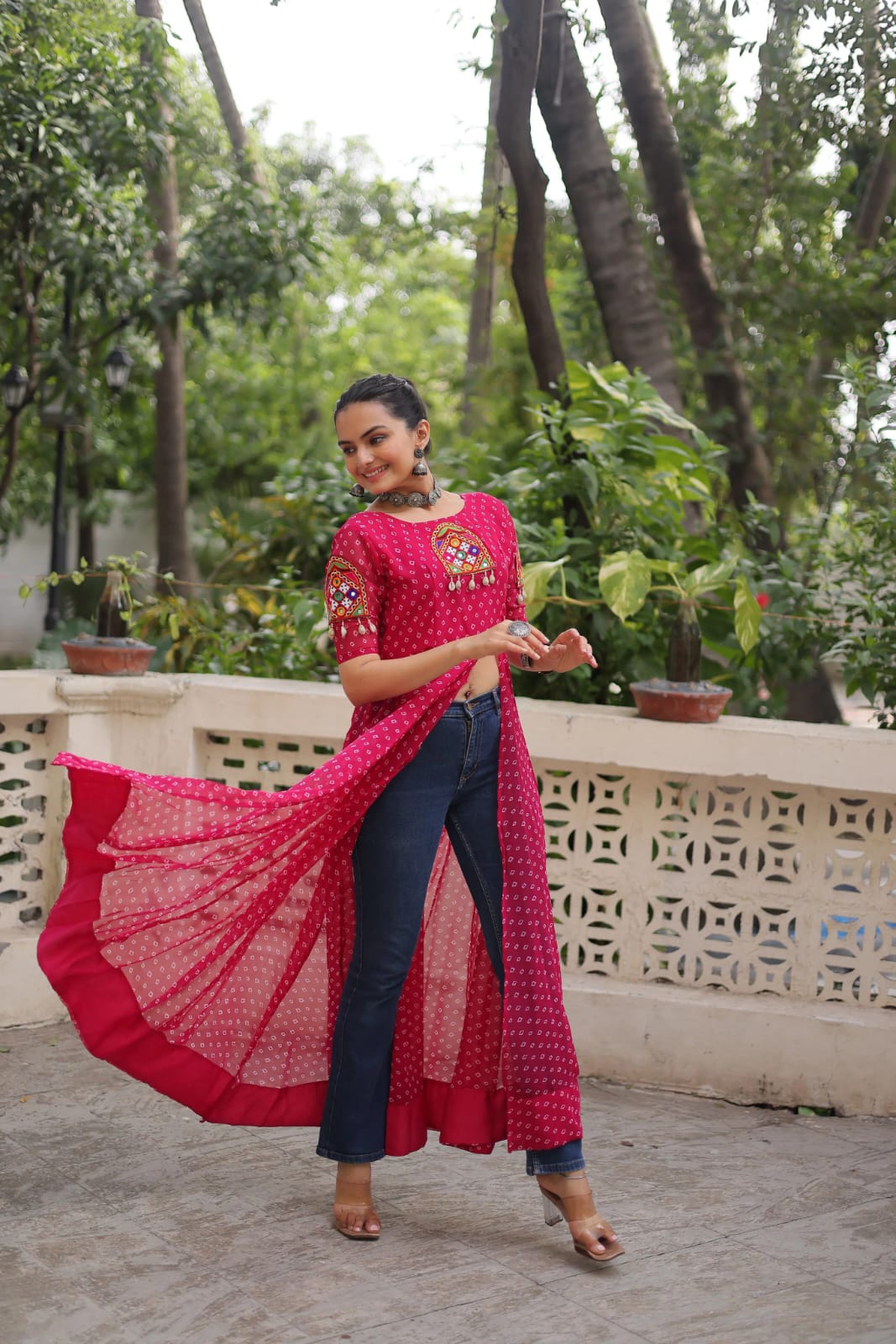 Faux Georgette Bandhani Printed With Patch Work Long Kurti